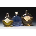 "Je Reviens", fragrances by WORTH. France, 1950s-60s.Three glass bottles.Marks on the reverse of all