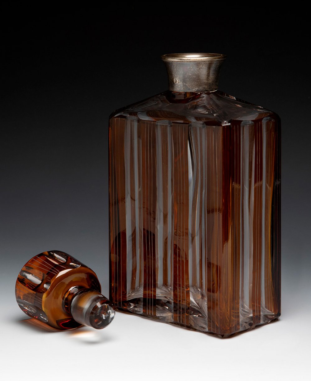 Art Deco decanter. Bohemia, ca. 1930.Bohemian glass. Silver mouthpiece.With contrasts on the rim. - Image 2 of 3