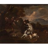 Flemish school of the 17th century."Hunting scene".Oil on canvas. Retouching.The sky has