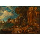 Dutch school of the 18th century."Landscape with ruins and figures".Oil on canvas. Re-coloured.It