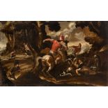 Spanish school; 17th century."Hunting scene".Oil on canvas. Re-tinted.It presents restorations,