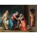 Spanish school; second half of the 16th century."The Visitation".Oil on pine panel. Chipped.It