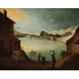 Dutch School, ca. 1600."Village in a Landscape.Oil on panel.It has micro-cracking, but it is in very