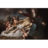FRANCISCO GOMEZ DE VALENCIA (Granada, 1657- ¿?)."Lamentation over the dead Christ".Oil on canvas.