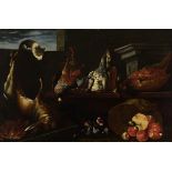 Spanish school; 17th century."Still life of hunting with cat, mushrooms and figs".Oil on canvas.