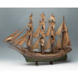 Model ship, 19th century.Painted wood and cloth.Age wear. Faults and damage.Measurements: 55 x 73