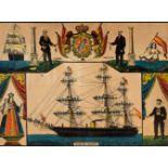 Spanish engraving from the 19th century."War ship, Villa de Madrid".Colour engraving.Wrinkles in the