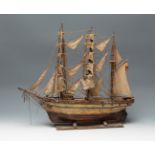 Model ship, 19th century.Painted wood and cloth.Age wear. Faults and damage.Measurements: 46 x 52