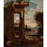 Italian school, 18th century."Landscape with ruins and figures".Oil on canvas.Re-coloured.Frame with