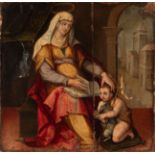Spanish school, 16th century."Saint Elizabeth and Saint John the Baptist.Oil on panel.Lack of paint.