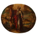 Spanish school, 18th century."Saint Bartholomew".Oil on panel in oval format with incorporated