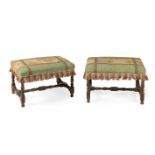 Pair of baroque style stools. Spain, 19th century.Oak wood structure. With fabric upholstery on