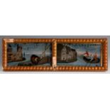 Mallorcan school of the 18th century."Scenes of fishing".Two oil paintings on glass in a single