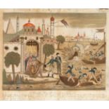 Italian engraving from the late 18th century."Battle in Alexandria".Colour engraving. Wrinkles in