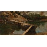 AURELI TOLOSA Y ALSINA (Barcelona, 1861 - 1938)."River Landscape with a Boat".Oil on cardboard.
