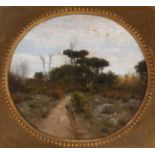 AURELI TOLOSA Y ALSINA (Barcelona, 1861 - 1938)."Landscape with a Path".Oil on panel in hexagonal