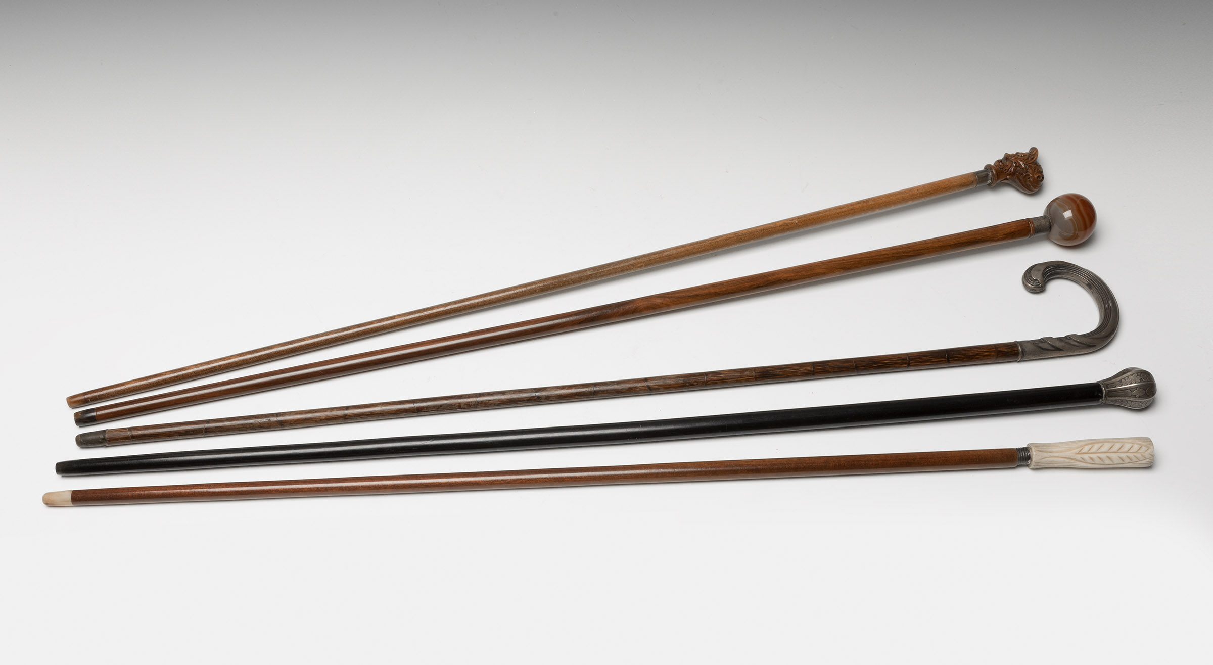 A set of five canes, late 19th-early 20th century. Various materials: bone, silver, wood and