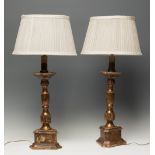 Pair of baroque style lamps, late 19th - early 20th century.Carved, polychromed and gilded wood.