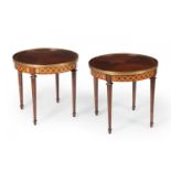 Pair of Louis XVI style side tables, first half of the 20th century.Walnut wood, fruit marquetry and