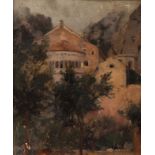 Catalan school of the 19th century."Monastery".Oil on cardboard.Size: 27 x 22 cm; 37 x 31 cm (
