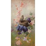AURELI TOLOSA Y ALSINA (Barcelona, 1861 - 1938)."Flowers and birds".Oil on cardboard.Signed on the