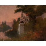 AURELI TOLOSA Y ALSINA (Barcelona, 1861 - 1938)."Lake landscape with classical fountain".Oil on
