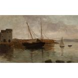 AURELI TOLOSA Y ALSINA (Barcelona, 1861 - 1938)."Boats in the harbour".Oil on cardboard.Signed in