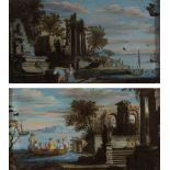 Neapolitan school of the second half of the 18th century."Caprices of classical ruins".Pair of oil