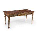 French Louis XVI style coffee table, ca. 1930. Carved, polychromed and gilded wood.Marble veined