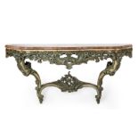 Baroque style wall console, 19th century.Carved and polychrome wood. Marble veining on the top.It