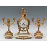 Garniture with clock and candlesticks; Napoleon III period, 19th century.Gilded bronze and white