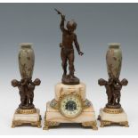 Clock garniture with vases; Model by ERNEST JUSTIN FERRAND (1846-1932).Marble, calamine and enamel.
