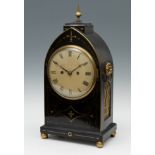Edwardian Bracket Clock; late 19th century.Ebonised wood. Gilt bronze appliques.Eight-day movement.