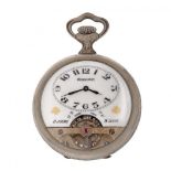Lepine style pocket watch and HEBDOMAS remontoir system with time indication in Arabic numerals.