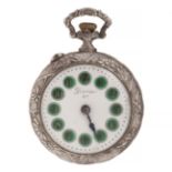 Rosskopf pocket watch with silver metal case from PRECISO brand. White porcelain dial with green