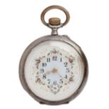 Silver Lepine style pocket watch with remontoir system. Marks and contrasts, dial with floral