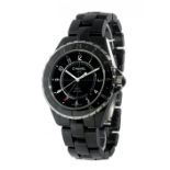 CHANEL J12 GMT watch, unisex. Black ceramic case and strap. Black dial, Arabic numerals, baton