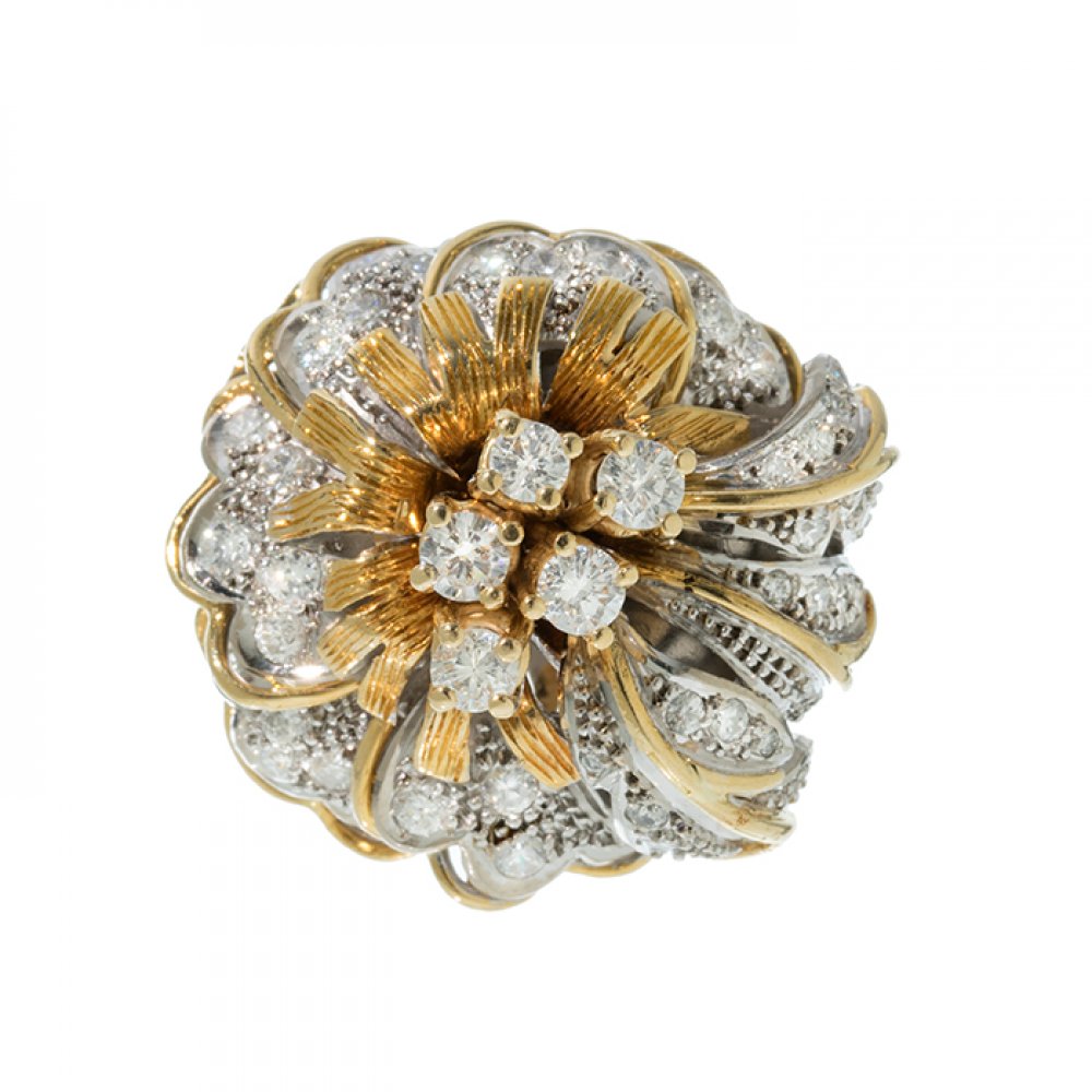 Ring in 18 kts. yellow gold, 1950s. 1950's. Cocktail model of naturalistic inspiration with flower - Image 2 of 3