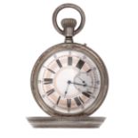 Silver sabonet style pocket watch. White and pink porcelain dial, hour indication in Roman numerals,