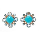 Large RABAT earrings, 1940s-50s. With large cabochon turquoise bordered with topaz, aquamarines