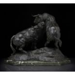 Catalan school of the mid-20th century."Bulls", 1955.Sculpture in patinated bronze on a veined