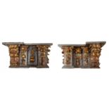Two 17th century Baroque altarpiece cornices.Carved, polychromed and gilded wood.Measurements: 45