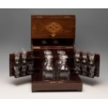 French Napoleon III style decanter, late XIX century. Walnut wood and marquetry. With four bottles