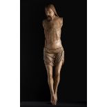 Gothic Christ from the 14th century.Carved and polychrome wood.Measurements: 147 x 32 x 27 cm.