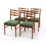 Four chairs. Denmark, 1960s.Teak.Wear to upholstery.In need of refinishing.Measurements: 86 x 45 x