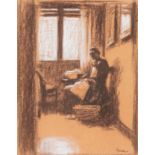 FRANCESC SERRA CASTELLET (Barcelona, 1912 - Tossa, Girona, 1976).Woman indoors.Charcoal and charcoal