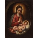 Spanish school, 18th century."Virgin and Child".Oil on canvas.Frame of the 19th century, in carved
