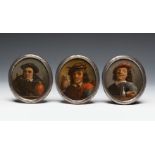 17th century Dutch school."Tavern scenes".Set of three oil paintings on copper.Two of them signed "