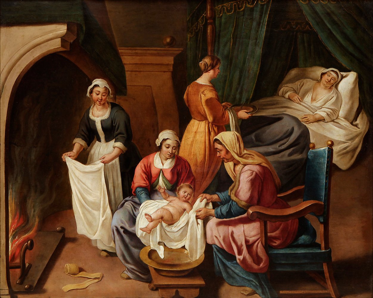 17th century French school."The Birth of the Virgin.Oil on copper.Size: 71 x 89 cm; 86 x 103 cm (