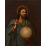 Spanish School, Antonio Arias Circle; 17th century."Salvador Mundi".Oil on canvas. Antique re-